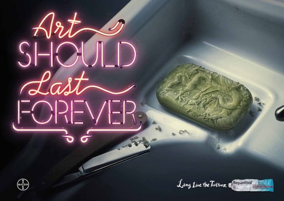 advertising for bepanthol with an engraved green bar soap