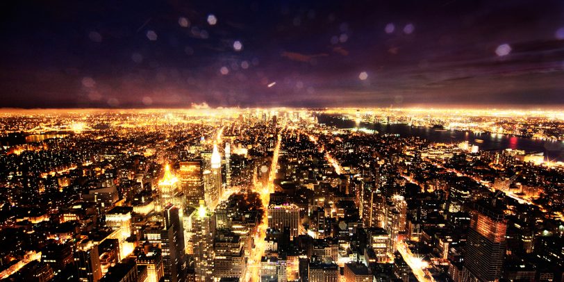 aerial view of new york at night with rain