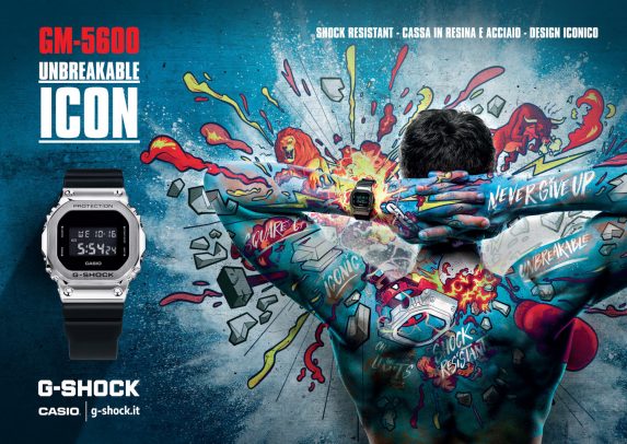 casio advertising with a man covered in colored drawings