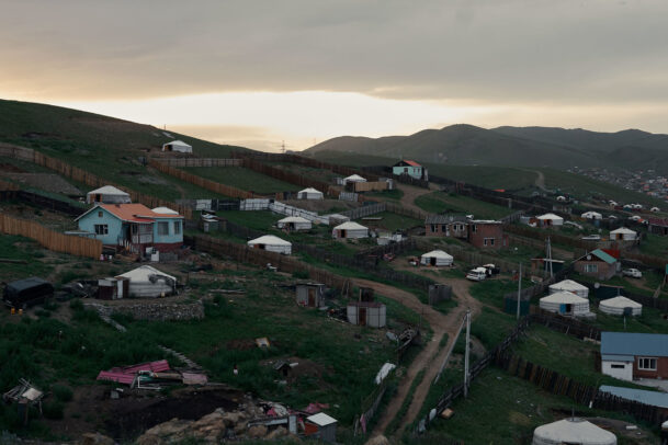 mongolian landscapes with yurta on the slope of the hills