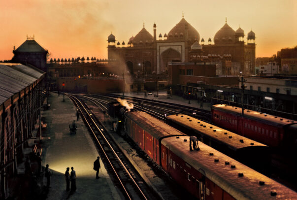 Agra, India, train station and platforms at dusk