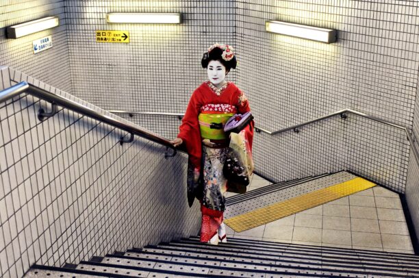 geisha with traditional kimono in subway