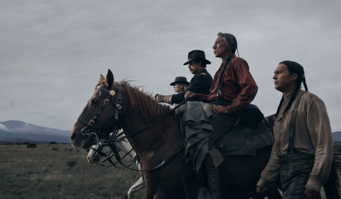Christian Bale, Rosamund Pike, Wes Studi, and Adam Beach riding horses for HOSTILES film