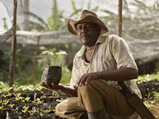 man with hat holding a little plant in a plantation for Lavazza Calendar 2016 by Joey L