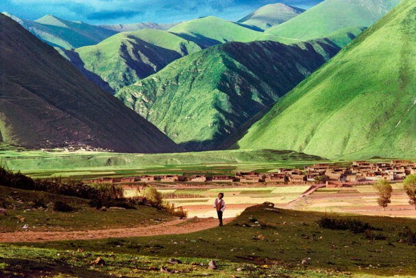 Young boy walks through barley fields near Kandze, Tibet