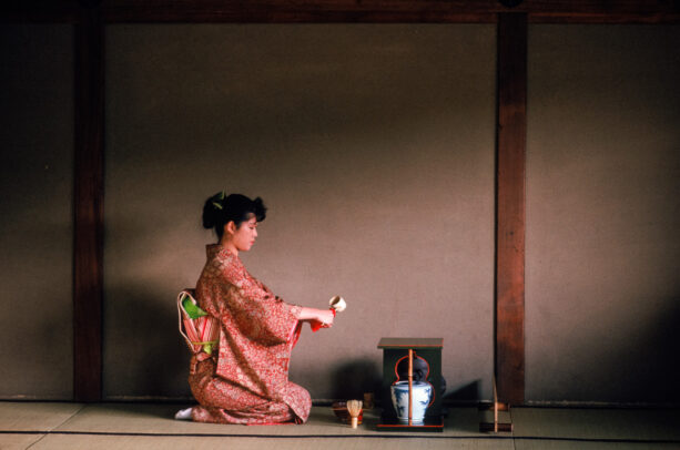 A young woman practices the tea ceremony at Yabunouchi Tea School in Kyoto