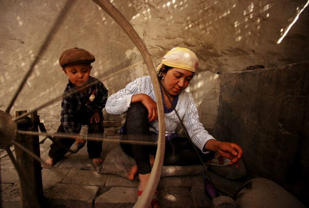 a woman spinning silk using an old, large spinning wheel