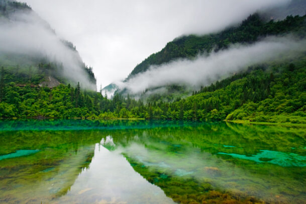 Crystal pools glisten among drifts of mist and legend.