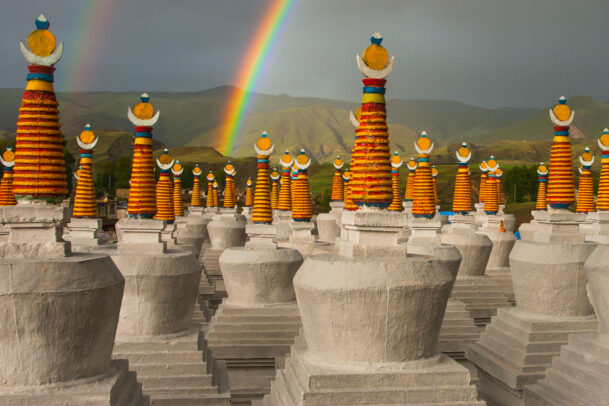 rainbow over stupas