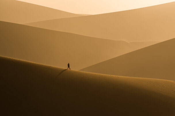 man walking on golden dunes of the desert
