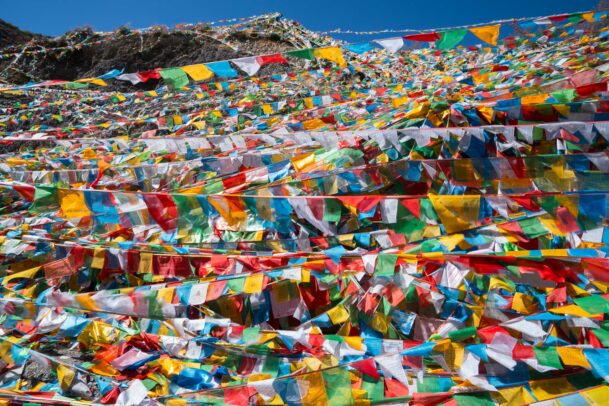 prayers colored flags for the new moon festival at Ganden Dhundupling Monastery