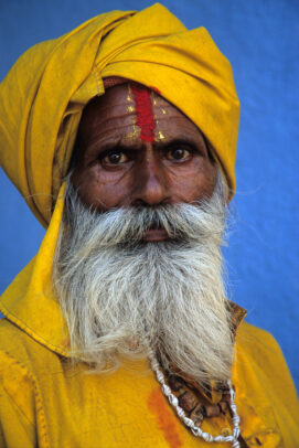 Sadhu holy man with yellow turban and white beard in Jujarat, India