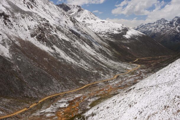 tibetan narrow street across the snow mountains